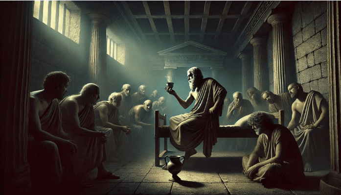 Socrates calmly drinking hemlock during his final moments in Athens