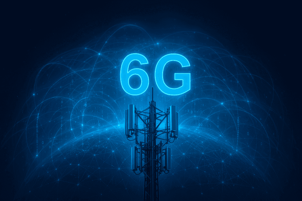 Advanced 6G wireless tower with multiple antenna arrays and holographic AI data streams showing ultra-fast global connectivity.