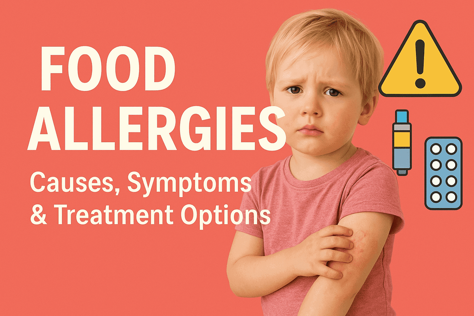 A young child with a rash on the arm illustrating food allergy symptoms, alongside medical items and the title Food Allergies: Causes, Symptoms & Treatment Options.