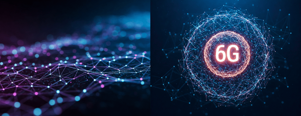 Futuristic digital network with 6G connectivity Futuristic 6G digital network with glowing blue data streams, interconnected nodes, and seamless global communication grid.