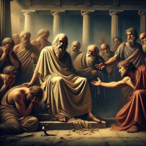 The death of Socrates — philosopher calmly accepting his fate surrounded by disciples before drinking hemlock.