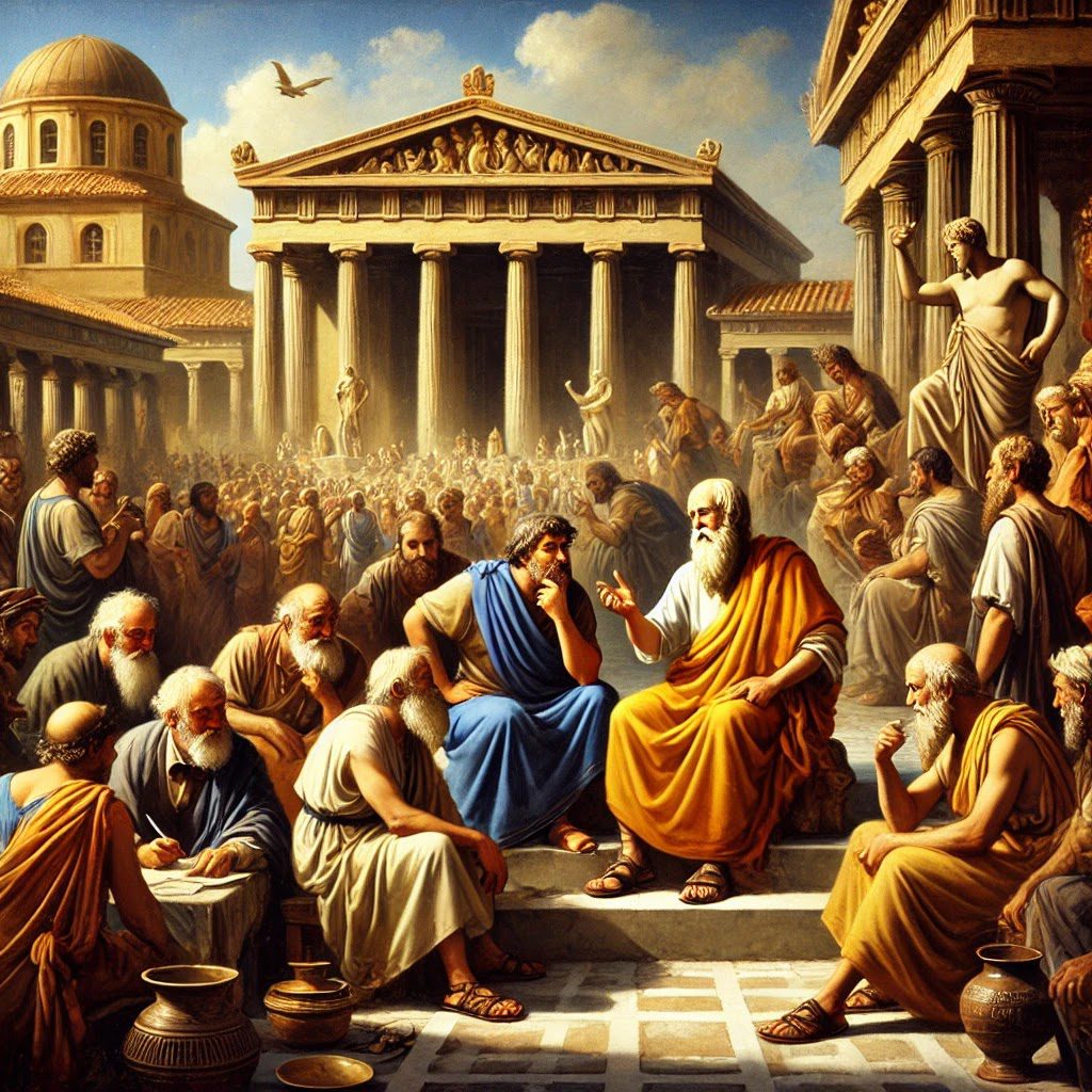 Socrates questioning citizens using the Socratic method in Athens