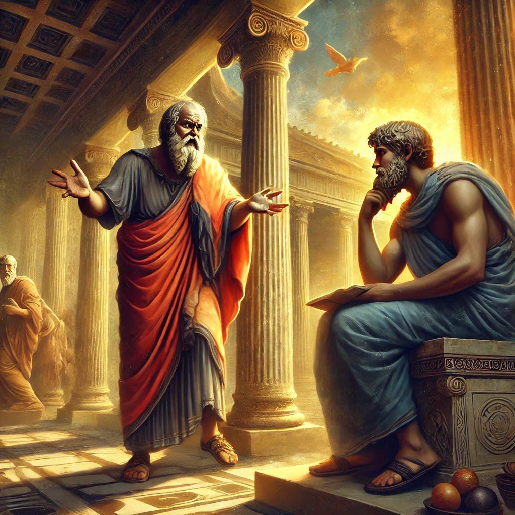 Socrates walking and teaching people in the streets of Athens