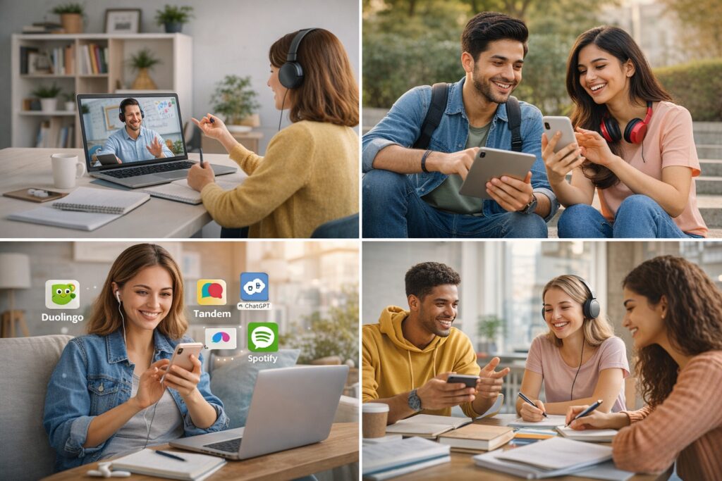 Students practicing English speaking skills using online apps, virtual tutors, and group discussion