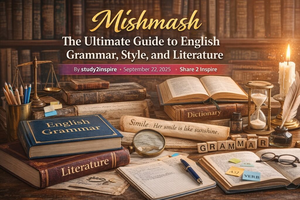 Books and study materials representing English grammar, literature, and language learning concepts