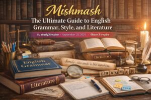 Books and study materials representing English grammar, literature, and language learning concepts