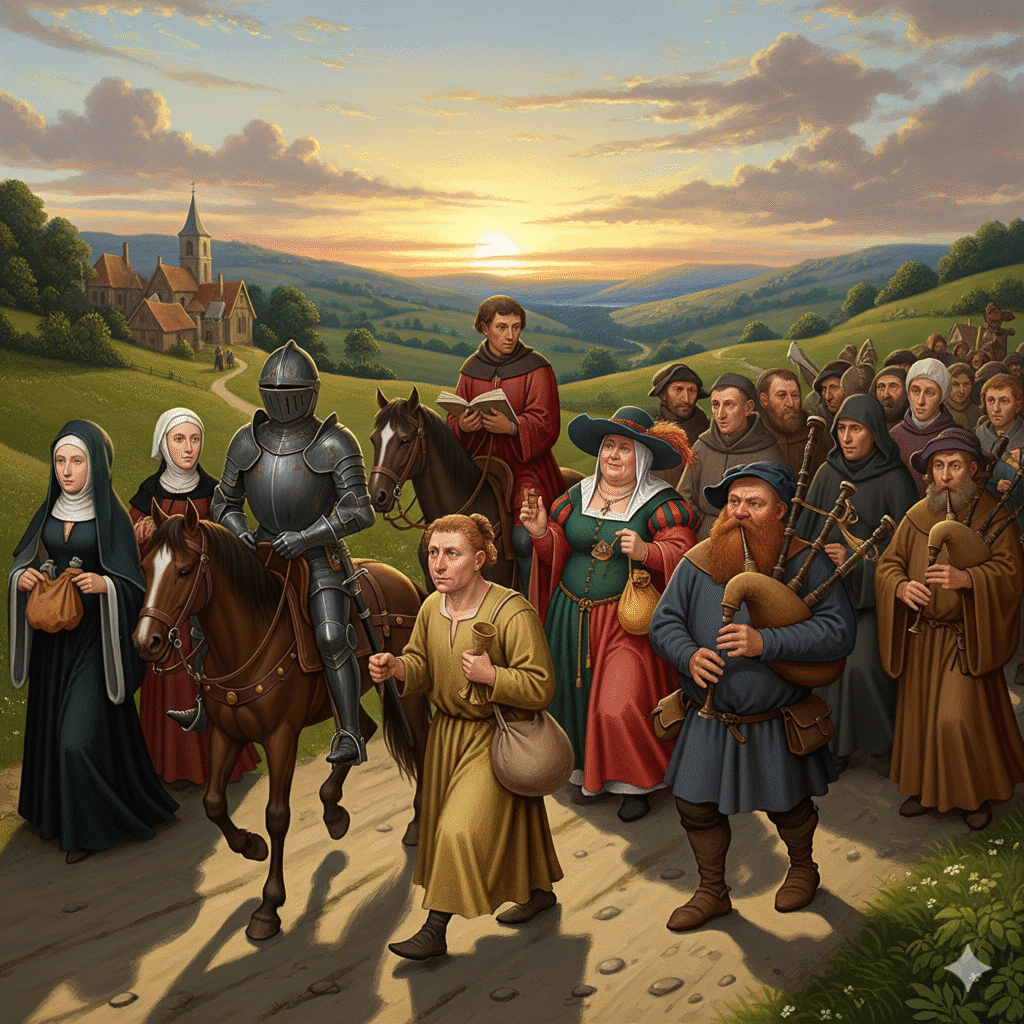 Illustration of Geoffrey Chaucer presenting The Canterbury Tales