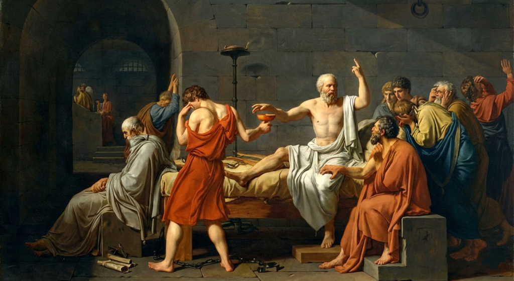 A classical oil painting depicting the final moments of the philosopher Socrates in an Athenian prison cell. He sits stoically upright on a cot, gesturing upward toward truth with one hand while stoically reaching for the cup of poisonous hemlock with the other. His disciples around him are shown in various states of deep grief, weeping and covering their faces in despair. The lighting is dramatic, highlighting Socrates as the central figure of defiance.