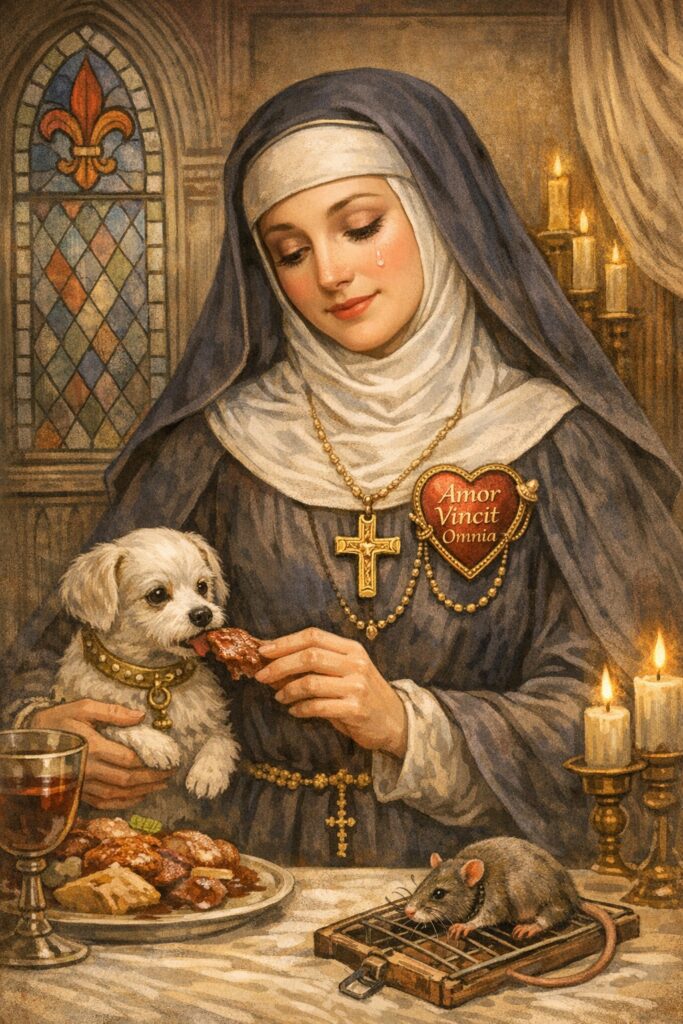 Digital illustration of The Prioress Madame Eglantine from Chaucer's The Canterbury Tales, feeding her small dog while a trapped mouse sits nearby, medieval chapel background with candles and stained-glass window