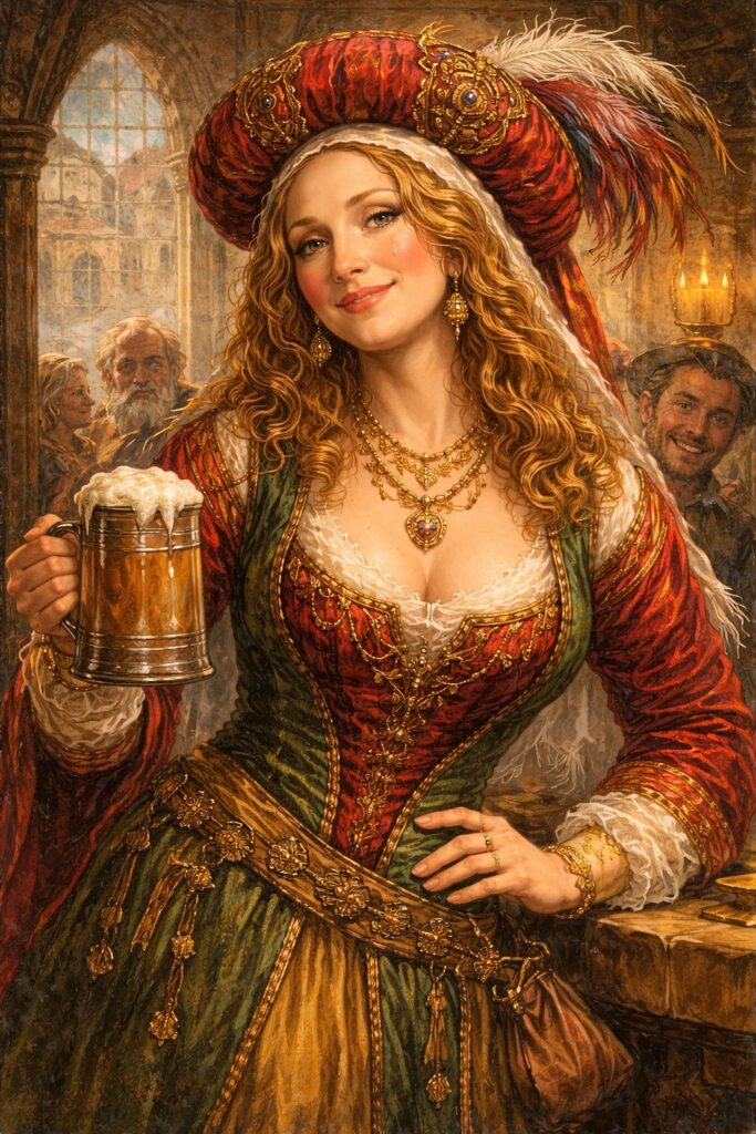 Digital illustration of The Wife of Bath from Geoffrey Chaucer's The Canterbury Tales, showing a confident medieval woman in a red and gold gown, wearing a feathered hat, holding a tankard of ale, with a lively inn scene in the background.