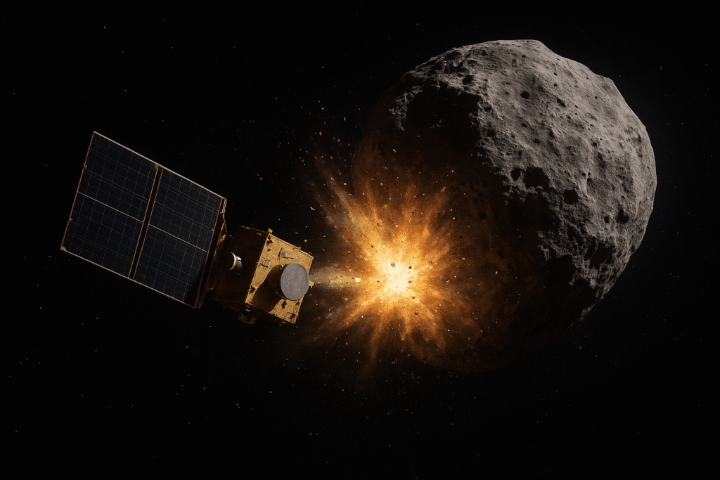 NASA’s DART spacecraft collides with asteroid Dimorphos during asteroid deflection test.