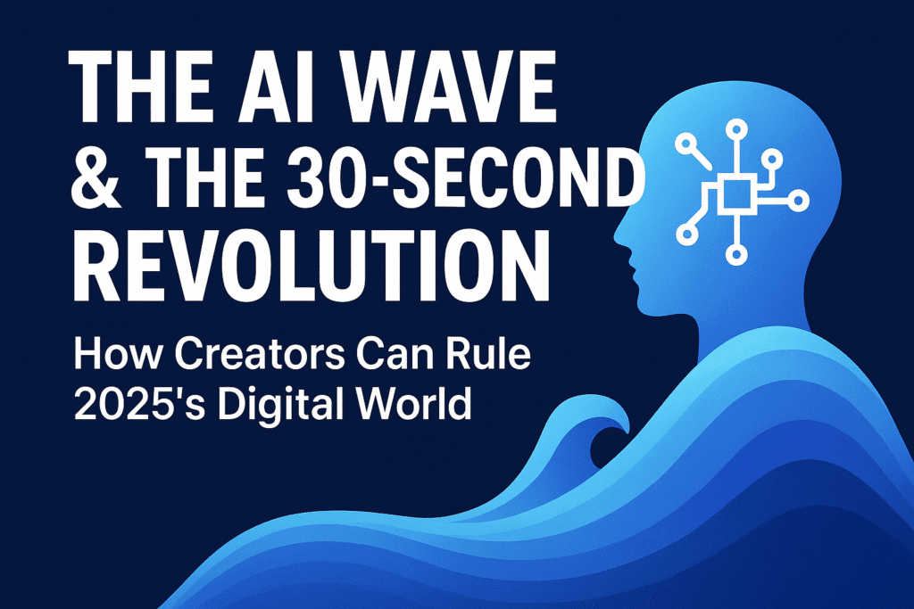 The AI Wave and the 30-Second Revolution banner showing a human head with digital circuit and wave design symbolizing AI and creativity.