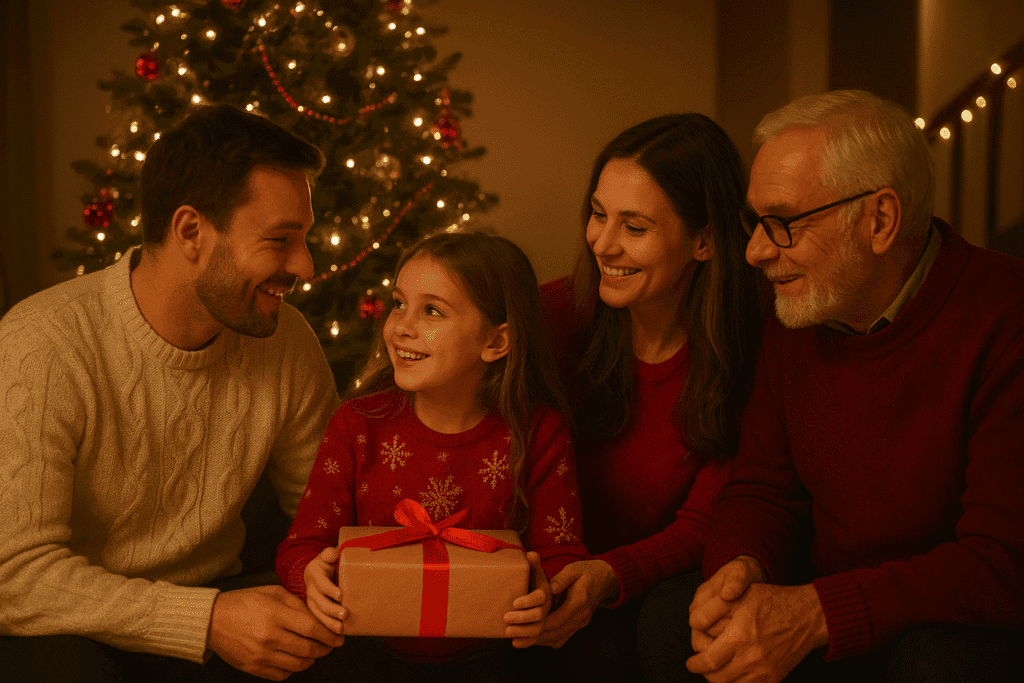A family gathered together on Christmas Eve, sharing warmth around holiday decorations.