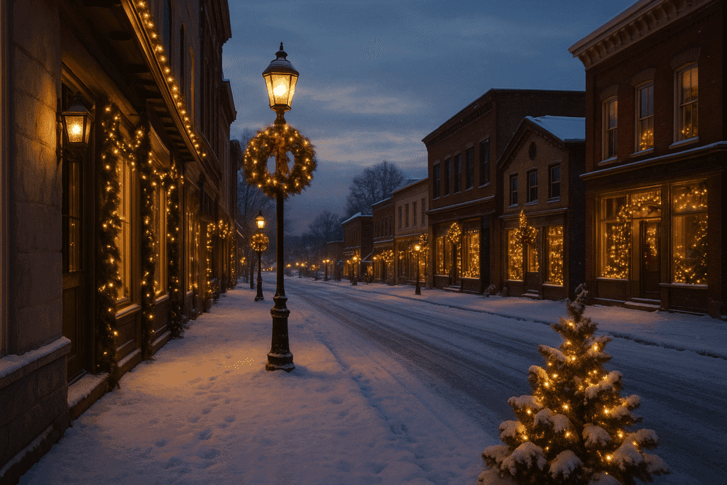 A snow-covered small-town street illuminated with Christmas wreaths and warm lights at night.