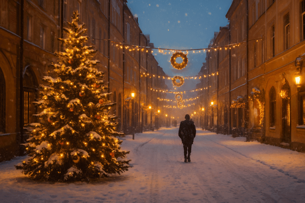 A snowy European-style street decorated with warm Christmas lights during winter evening.