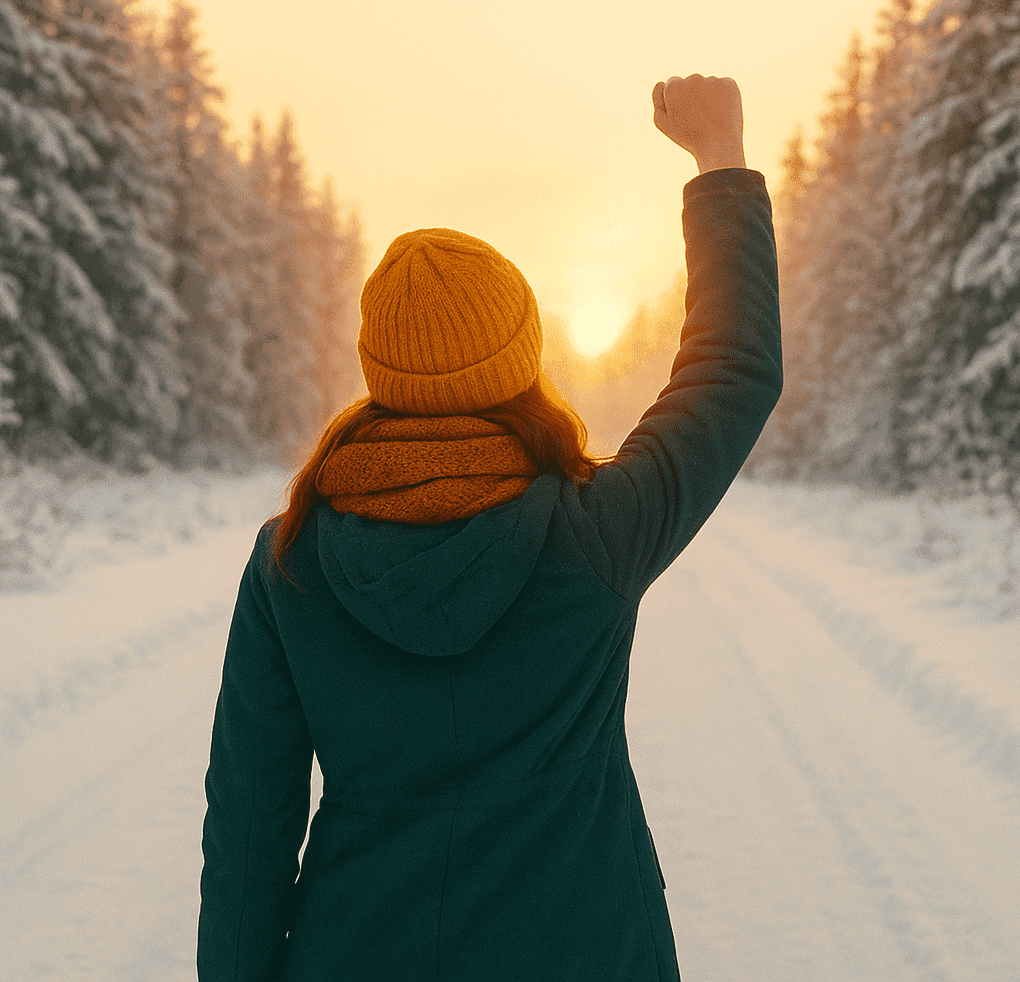 Winter background with soft December winter snow and blurred holiday lights, evoking calm, reflective, and motivational mood