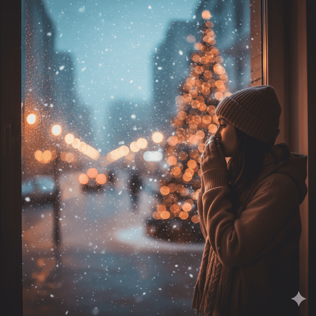 Soft falling snow and blurred lights in December winter, subtly representing the holiday season and reflective mood