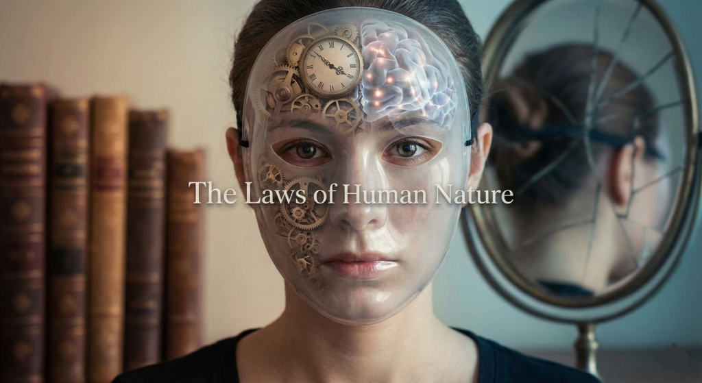 A symbolic and realistic image of a person wearing a transparent mask that reveals clockwork gears and a glowing brain inside, representing the internal mechanisms of psychology. In the background, a cracked mirror and old books illustrate the themes of narcissism and historical wisdom from Robert Greene's book.