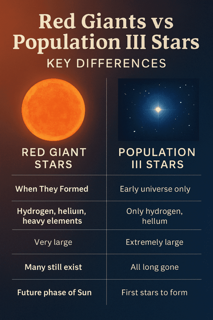 Red Giant Stars and the Mysterious Populations of Stars That Built Our Universe 4 Comparison of Population I, II, and III stars showing color, age, and metallicity differences.