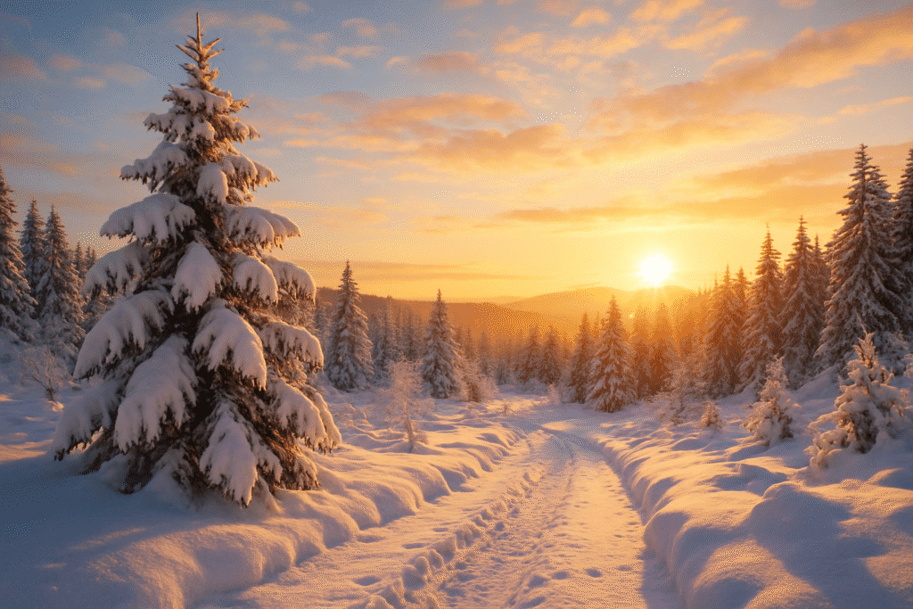 Snow-covered landscape bathed in bright december winter sunshine, highlighting sparkling snow and clear skies