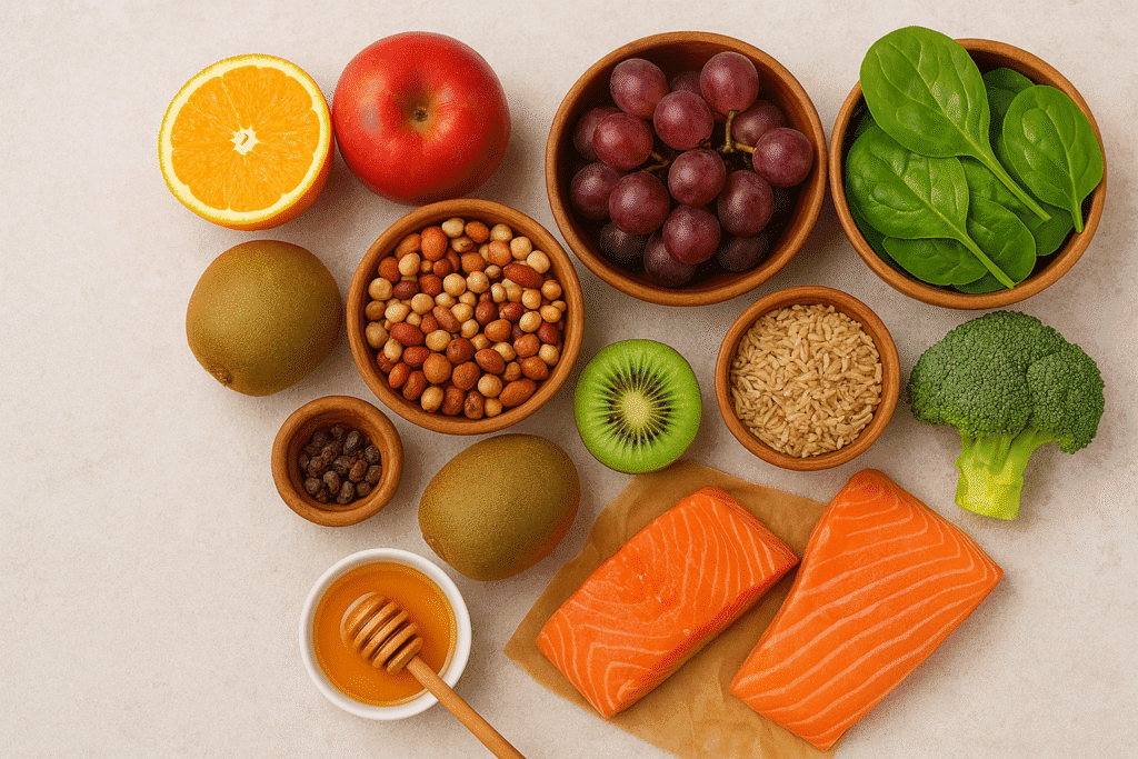 Healthy winter foods including soups, nuts, citrus fruits, vegetables and warm meals for good health in winter.