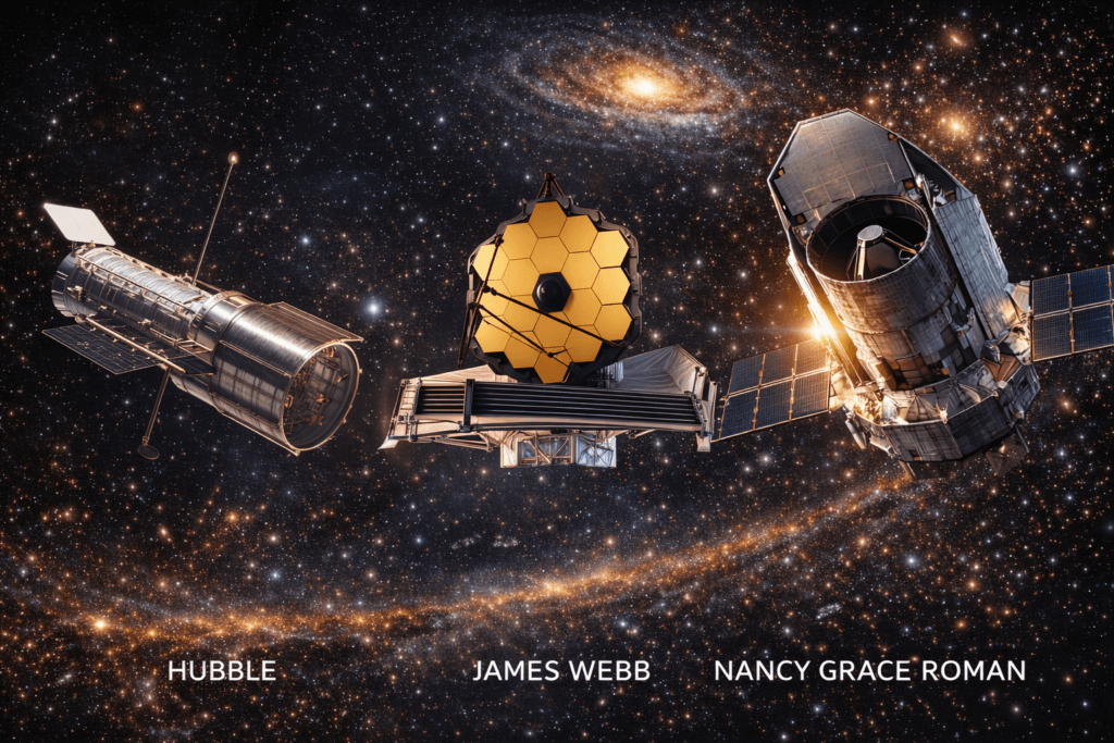 Hubble, James Webb and Nancy Grace Roman space telescopes orbiting Earth and observing the universe