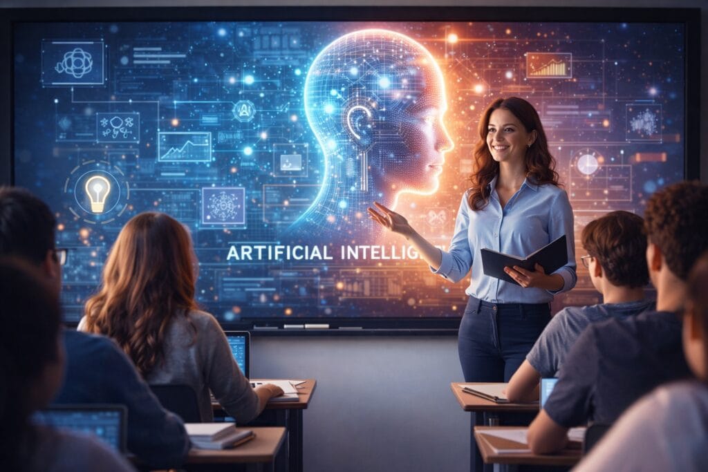 A teacher explains AI concepts to students using interactive technology