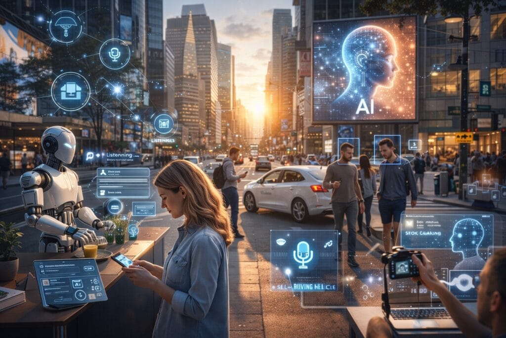Urban scene showing AI-powered devices, robots, and digital interfaces in daily life