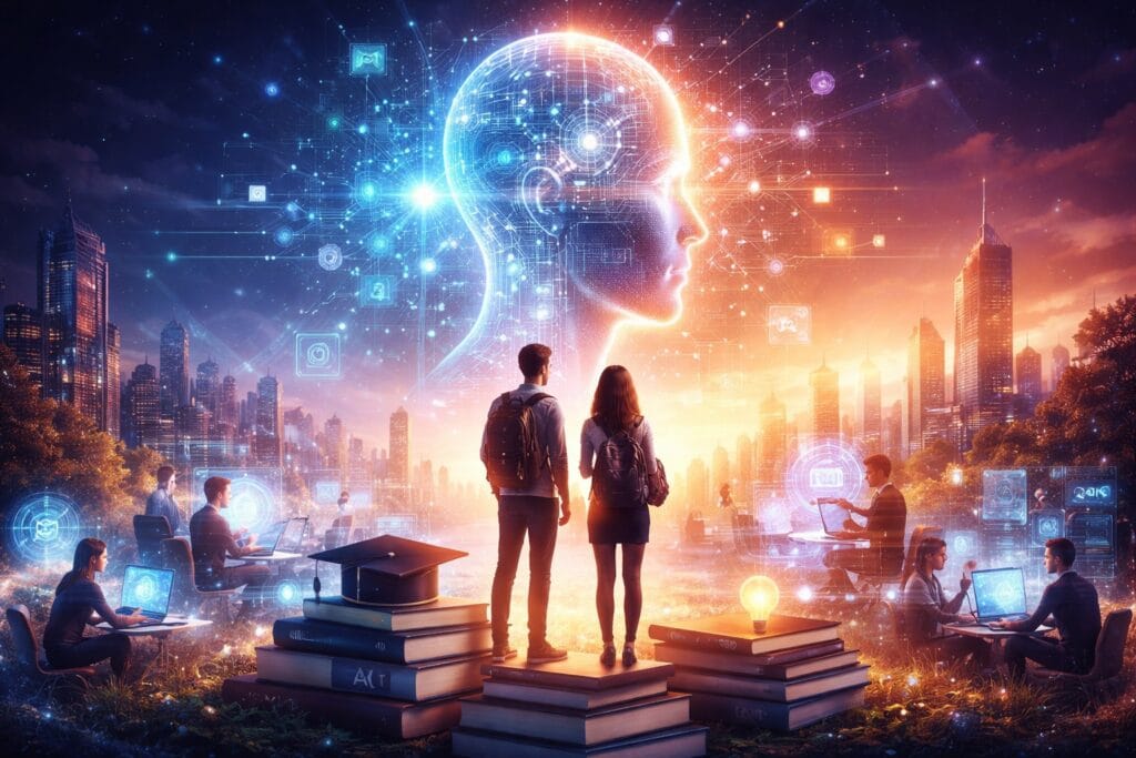 Futuristic illustration of AI shaping education and human potential