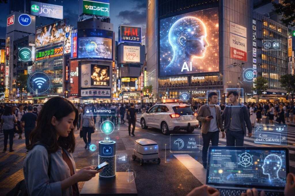 Futuristic Tokyo street with AI technology integrated into transportation and urban life