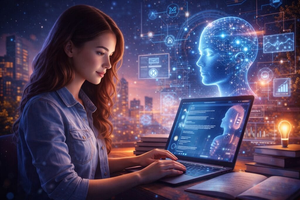 Young woman using AI on a laptop for learning and skill development