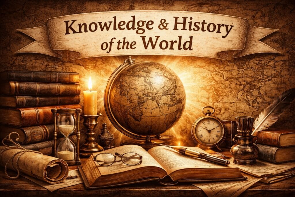 Chambers Dictionary of World History: A Complete Guide for Students and History Lovers 2 Concept image representing knowledge and history of the world through books, globe, and learning symbols