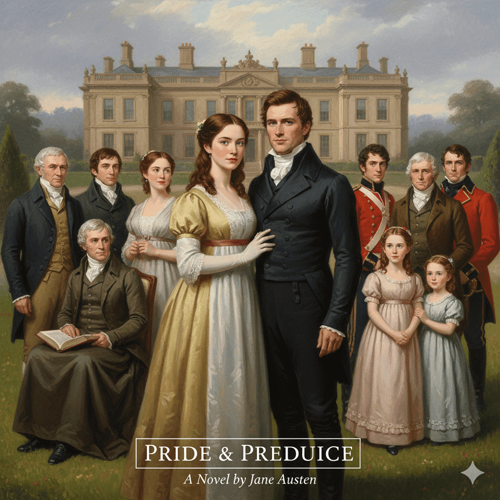 Pride and Prejudice summary graphic featuring Elizabeth Bennet, Mr. Darcy and other characters from Jane Austen’s novel