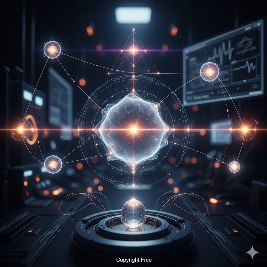 Conceptual visualization explaining quantum theory and subatomic behavior