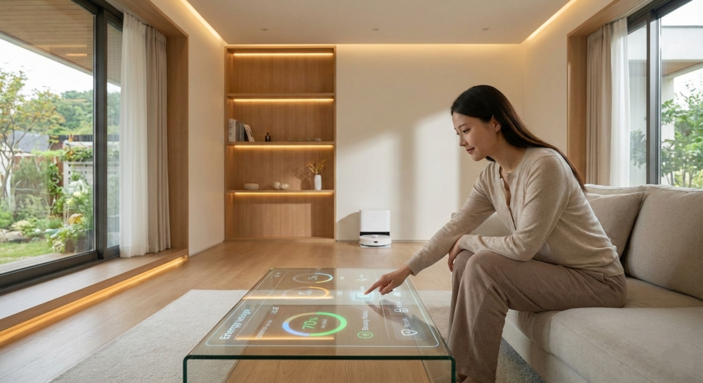A woman sitting in a modern living room of AI smart home interacting with a transparent glass coffee table featuring a glowing holographic smart home control panel.