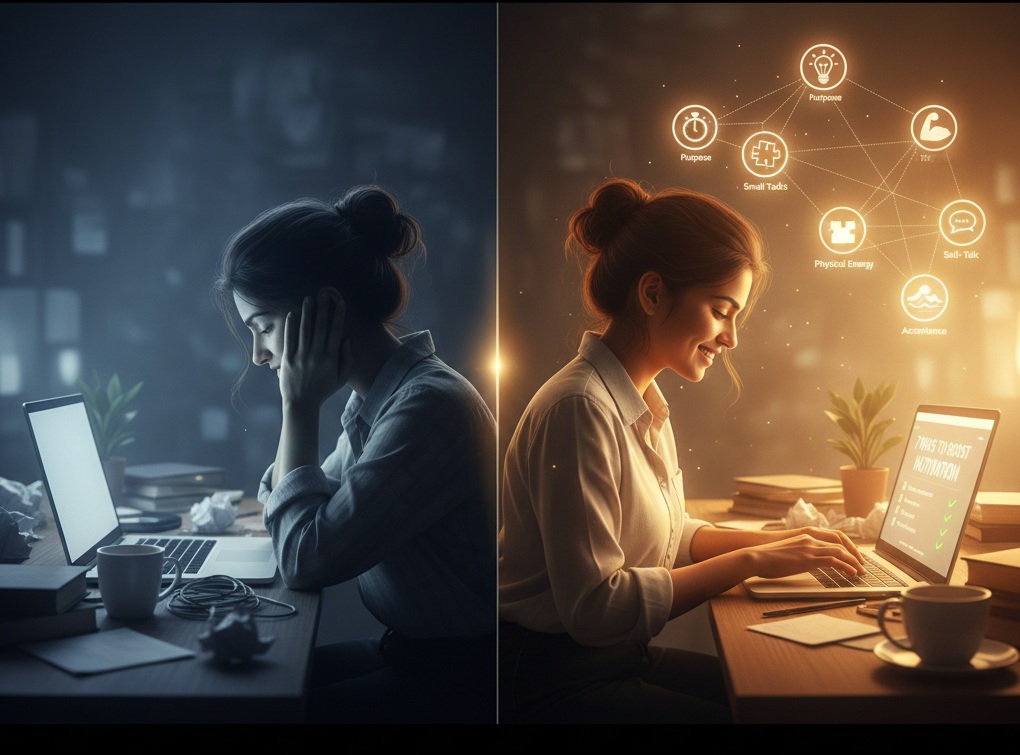 A powerful, cinematic shot of a person standing at a sunrise-lit desk, pushing away heavy shadows or "mental fog" to focus on a glowing, clear path forward.