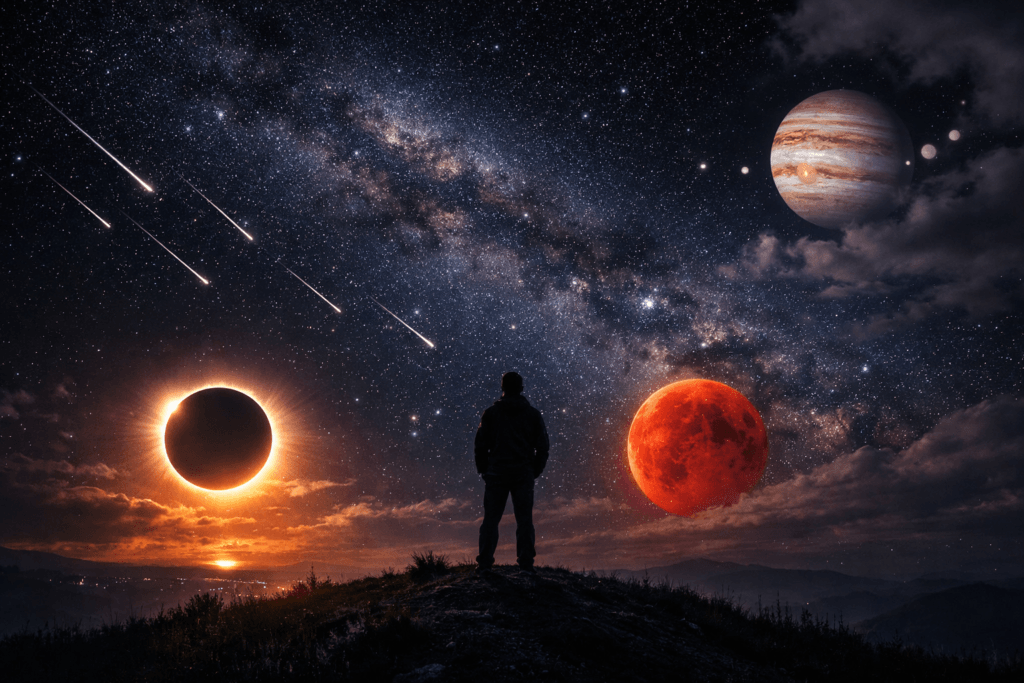 Cosmic Events in 2026. A cinematic night sky showing a solar eclipse, blood moon, meteor shower, and Jupiter as a person watches in awe
