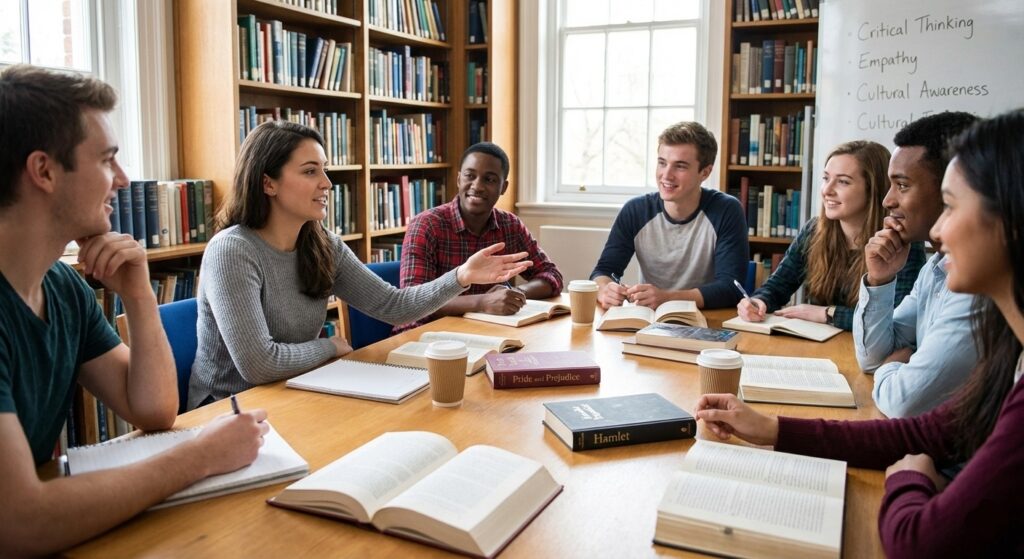 How English Literature Shapes Critical Thinking and Emotional Intelligence in Students 2 A diverse group of college students in a modern classroom setting, engaged in an active and empathetic discussion about a literary text.