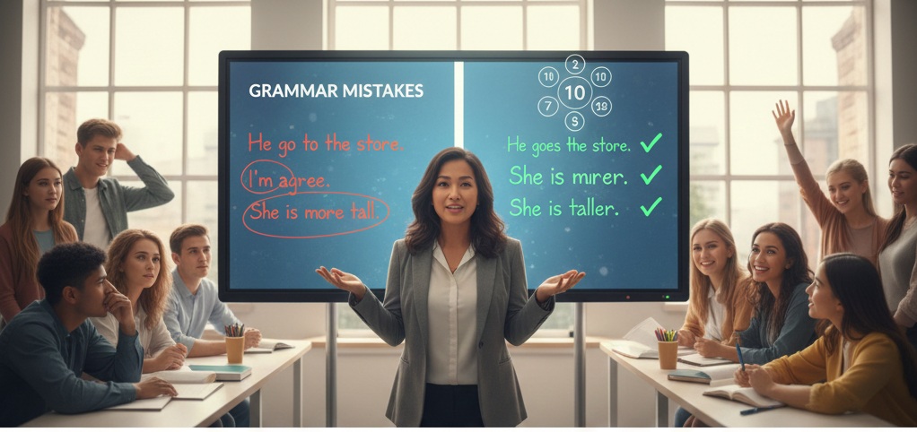 A realistic image of a professional teacher in a modern classroom, pointing to a chalkboard that highlights the difference between "Your" vs. "You're" and "Their" vs. "There."