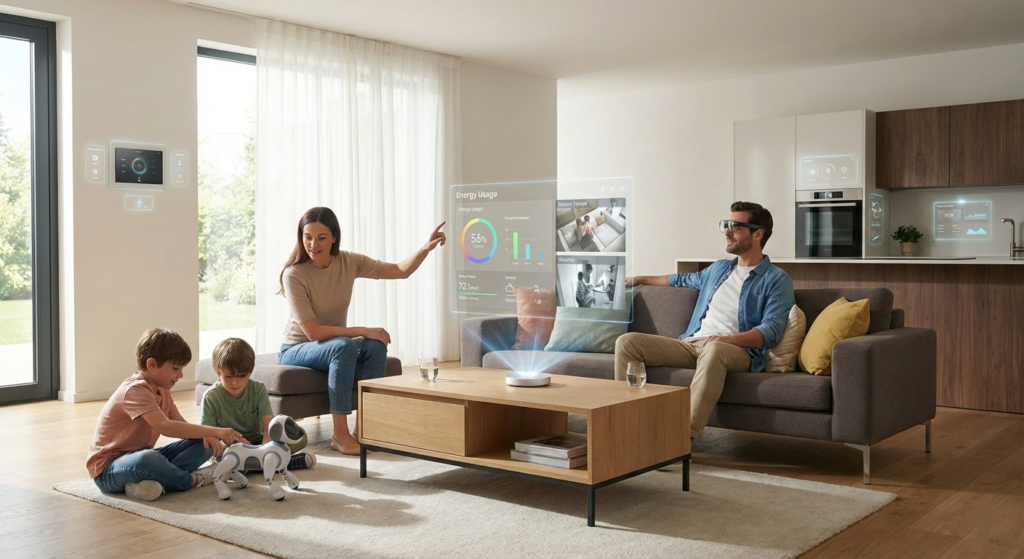 A family in a sunlit living room featuring a floating holographic energy dashboard, a man wearing smart AR glasses, and children playing with a robotic AI dog.