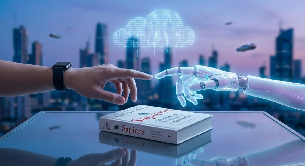 A futuristic scene featuring a human hand and a robotic hand reaching out to touch fingers over a glass table with the book 'Sapiens.' In the background, a high-tech city with flying vehicles and data clouds represents the Scientific Revolution.