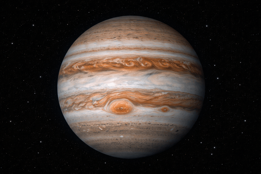 Real image of Jupiter showing its colorful cloud bands and moons during opposition in 2026