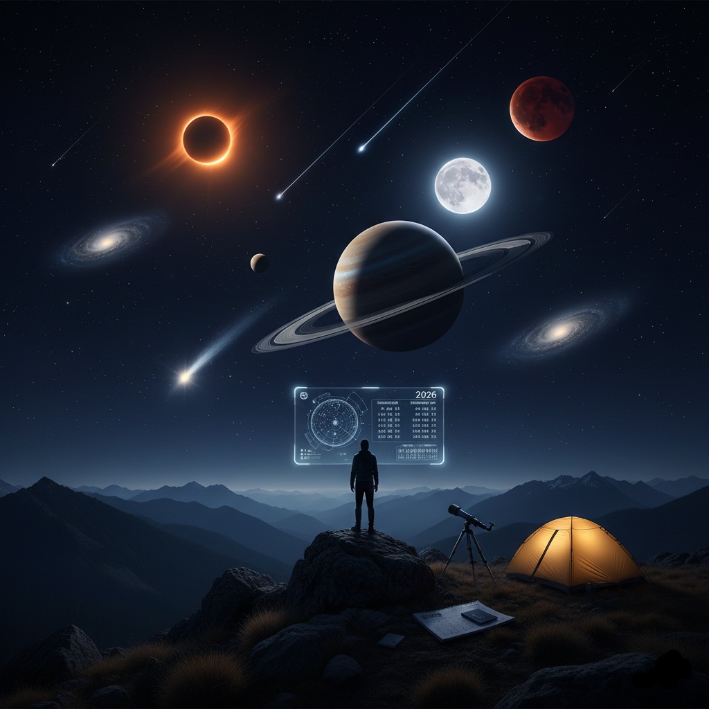 A realistic, high-resolution night sky featuring a total solar eclipse, a glowing comet tail, and a rare alignment of five planets above a lone stargazer with a telescope.