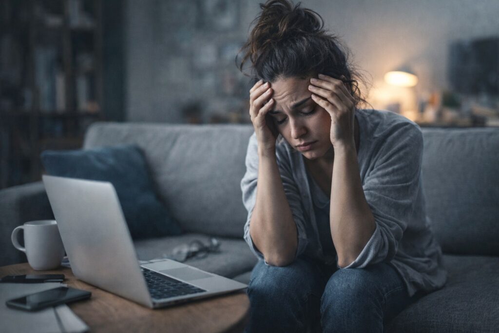 Person sitting alone looking mentally exhausted, representing burnout and emotional fatigue