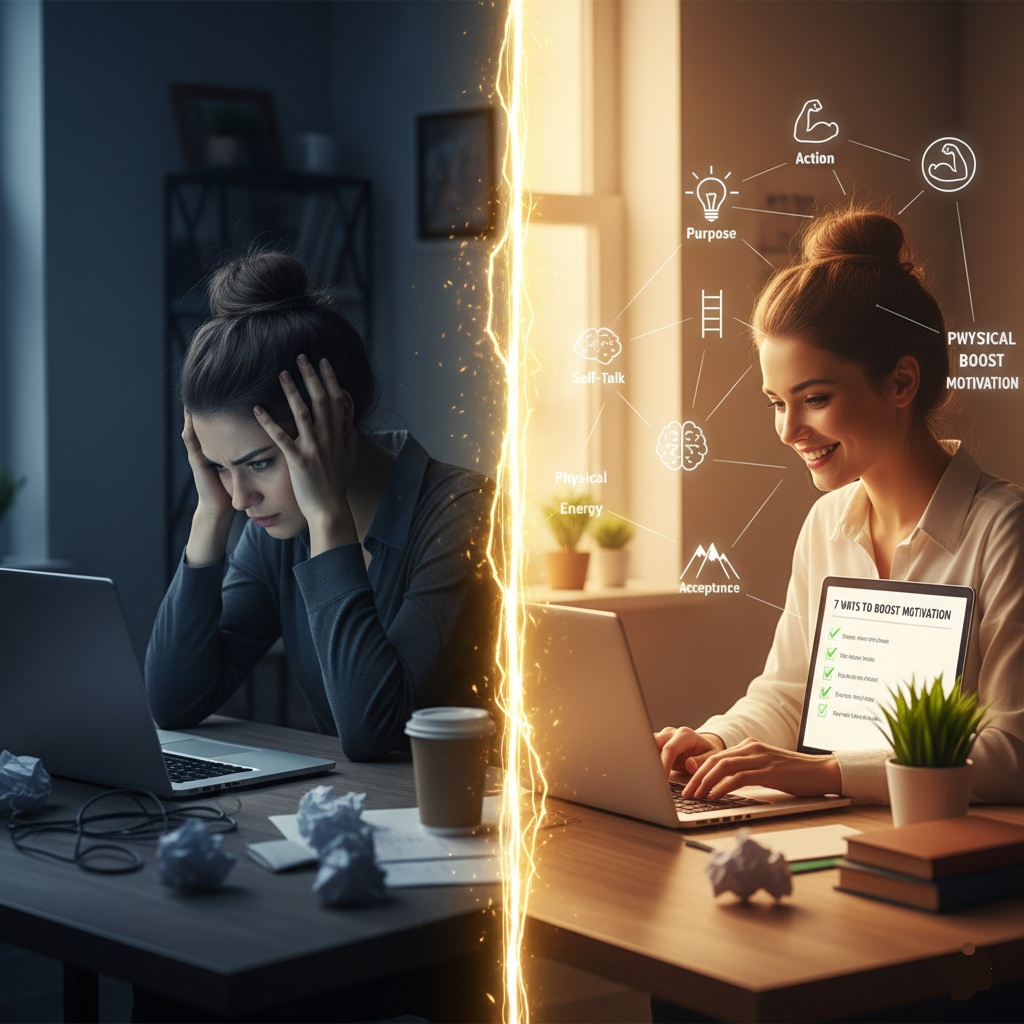 A realistic, high-quality image of a person at a clean wooden desk, holding a pen over a notebook with one "small win" written down, while a warm morning light creates a calm, focused atmosphere.