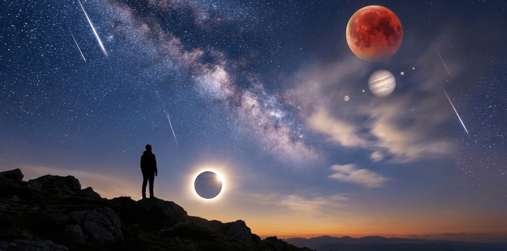 Silhouette of a person standing alone on a hill, gazing at a star-filled night sky with planets, meteors, and the Milky Way visible