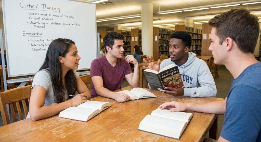 How English Literature Shapes Critical Thinking and Emotional Intelligence in Students 4 A cinematic, wide-angle shot of a student standing in a magnificent, old-world library, surrounded by thousands of books, symbolizing the breadth of human experience.