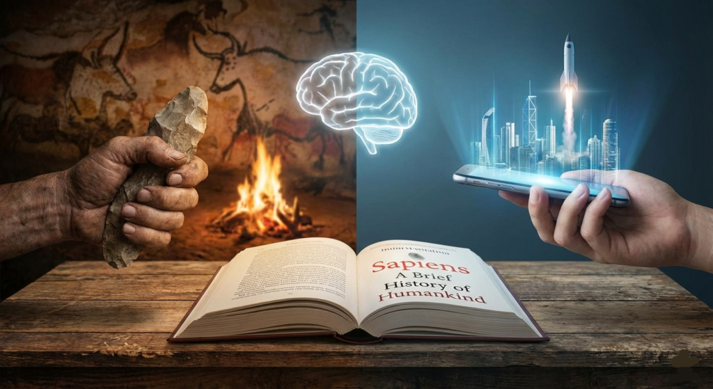 A conceptual split-screen image showing a prehistoric hand holding a stone tool next to a modern hand holding a smartphone with a holographic rocket launching. An open copy of 'Sapiens' sits in the center under a glowing human brain.