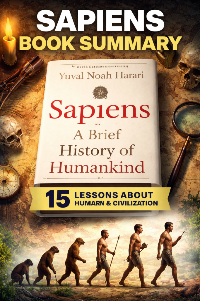 Sapiens book summary by Yuval Noah Harari highlighting 15 powerful lessons about human history, civilization, and the future