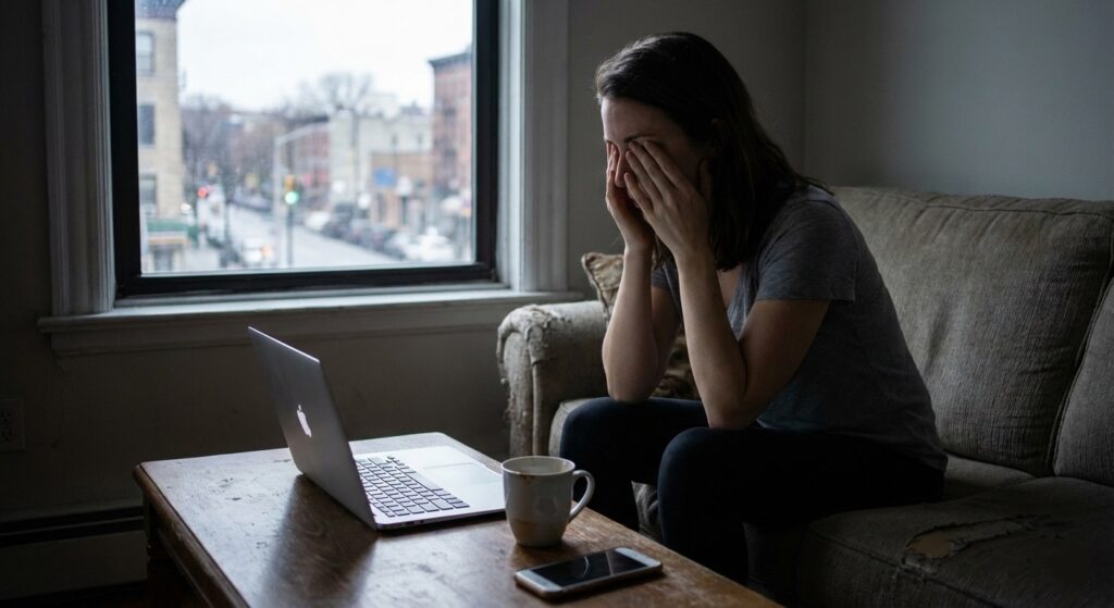 A woman sitting on a couch in a dimly lit room, rubbing her eyes in frustration with a laptop and phone nearby, symbolizing silent burnout.